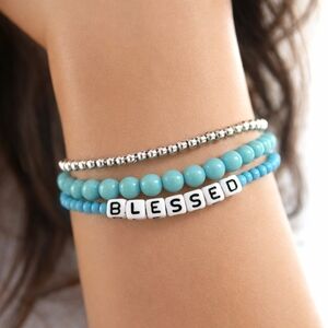 BLESSED Turquoise Silver Beaded Bracelet Set of 3, Adjustable Boho Stack Jewelry